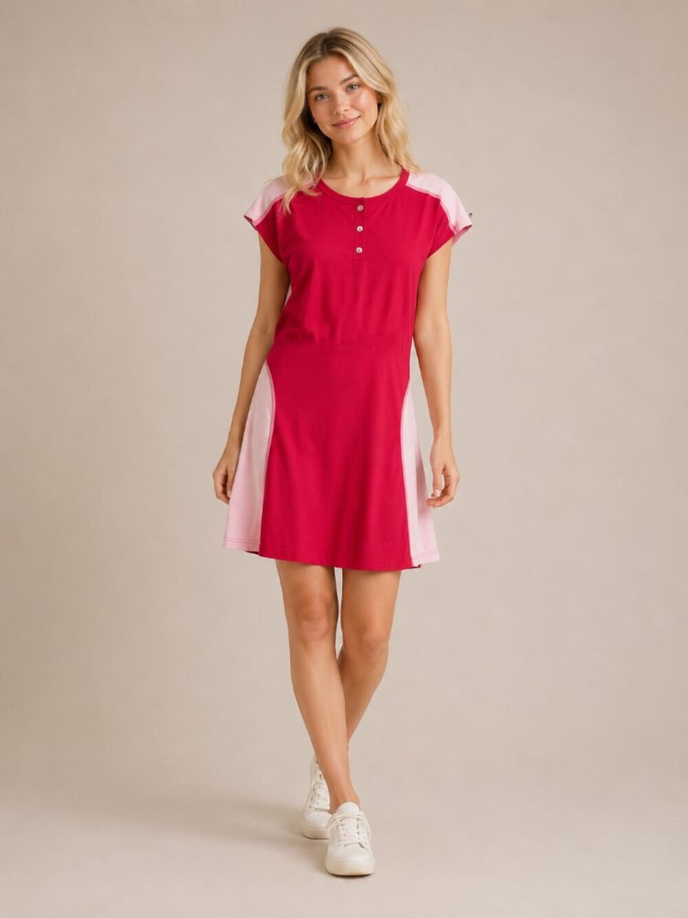 2/$30 eShakti Popover Shirt Dress 14W Red Pink Sleeveless Henley Pockets #6928